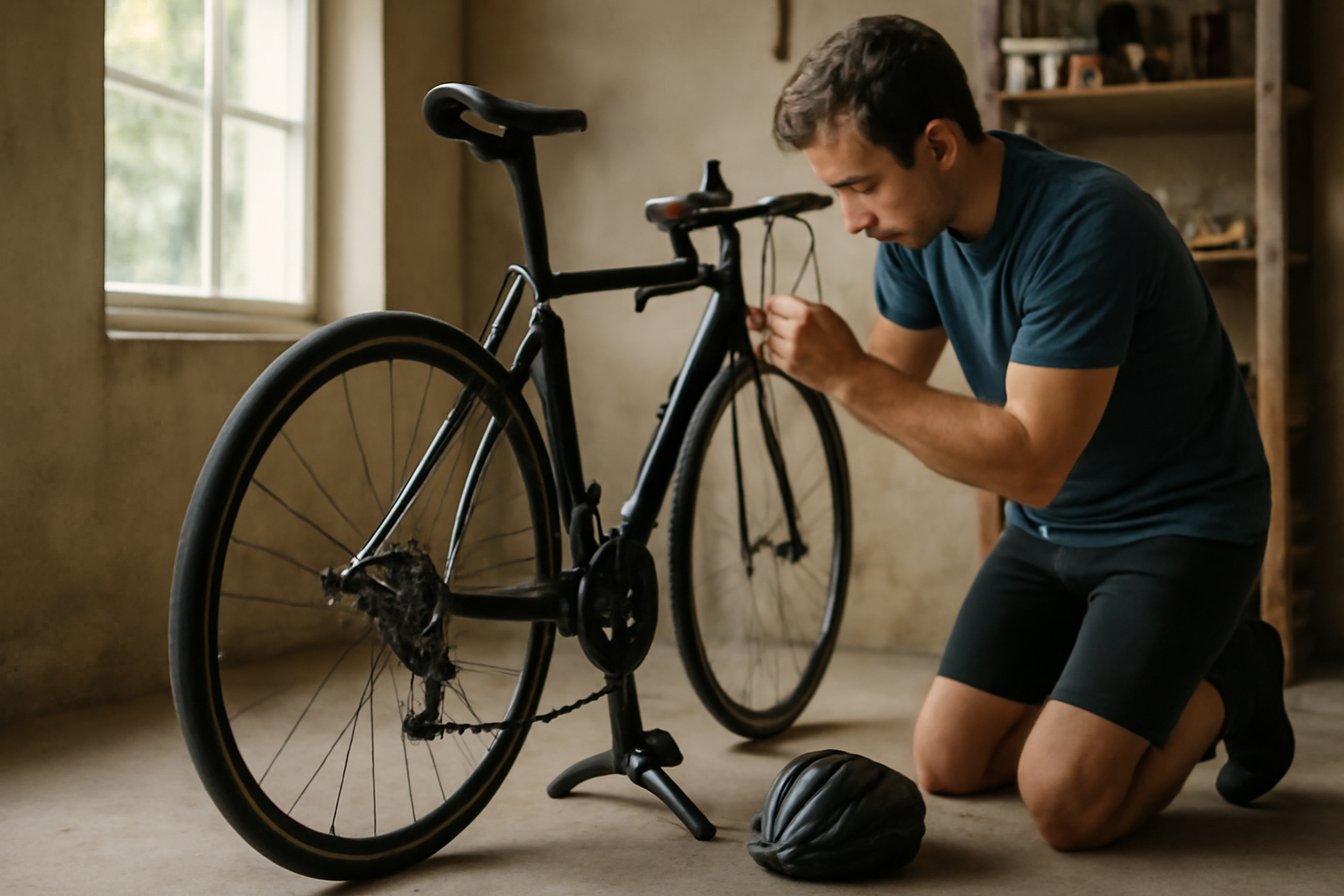 Pesepeda pemula menyetel tinggi sadel sepeda road bike di stand perbaikan